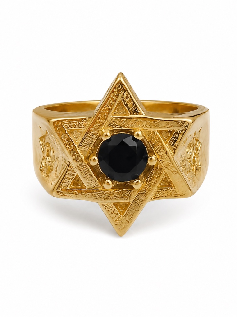 New Gold Tone Masonic Star Statement Ring Black Stone Size 11